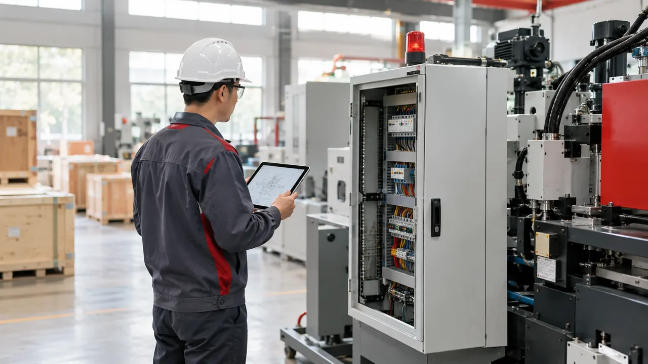 工程師在工廠測試區檢查即將出口歐洲的工業機械與電氣控制箱